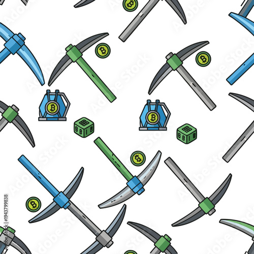 A repeating pattern of pickaxes, mining rigs, and crypto coins on white