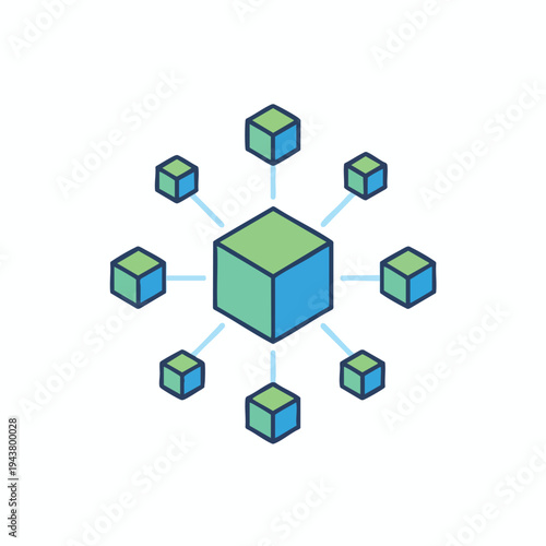 A central cube connects to eight surrounding cubes via light blue lines