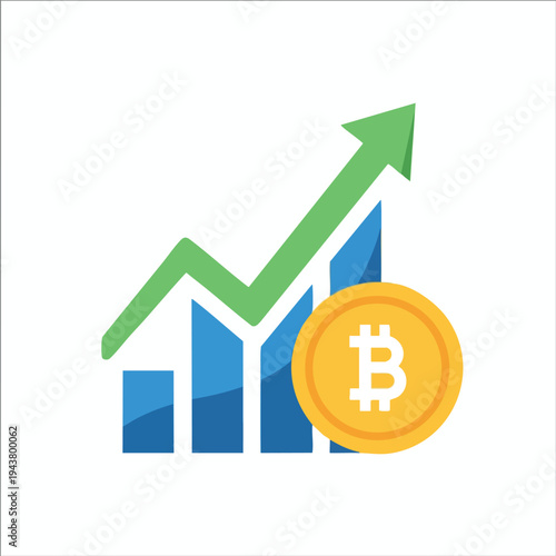 Blue bar chart with green upward arrow and golden coin with "B