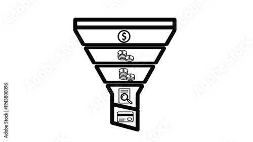 Sales funnel diagram displaying stages from money input to conversion, representing lead generation and financial processes.