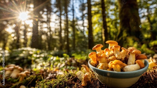 Fresh mushrooms in a bowl set against a forest backdrop with sunlight
