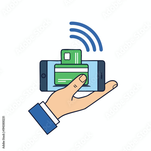 Hand holding smartphone with contactless payment chip and wifi waves