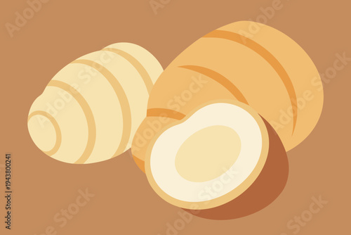 Three stylized croissants and a cut coconut on brown background