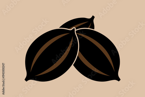 Three dark cocoa pods on beige background cacao beans