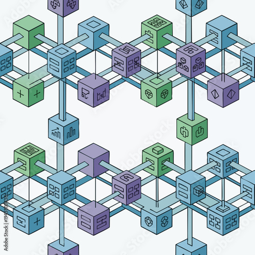 Abstract network of interconnected colored cubes with symbols