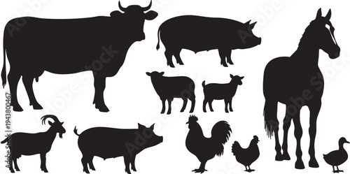 Black silhouettes of various farm animals on white background livestock