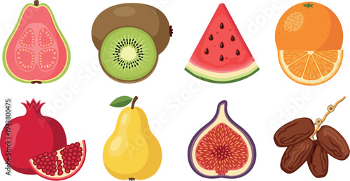 Fresh Tropical and Exotic Fruit Collection with Guava Kiwi Watermelon Orange Pomegranate Fig Dates and Pear Vector Illustration Set