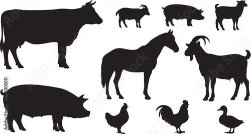 Black silhouettes of various farm animals on white background