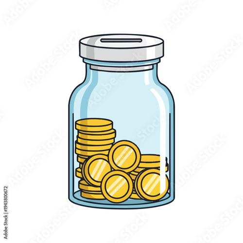 Clear glass jar with silver lid contains stacked gold coins