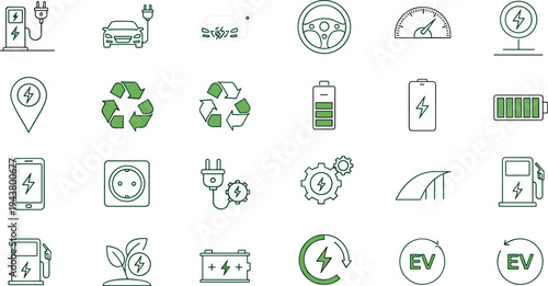 Green Energy and Electric Vehicle Line Icon Set with Battery Charging Recycling Solar Power and Sustainability Outline Vector Collection