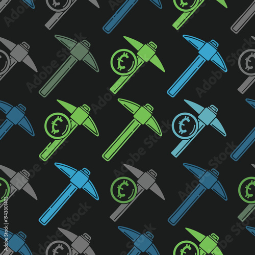Seamless pattern of pickaxes and euro symbols on a dark background