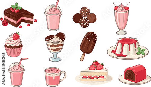 Sweet Dessert Vector Collection Featuring Chocolate Cake Milkshake Ice Cream Popsicle Pudding Swiss Roll and Strawberry Cupcake Illustrations Isolated on White Background