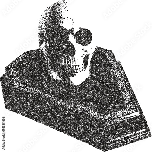 Skull vintage y2k stipple art, bones halftone stipple brutalist retro vector png with transparent background, macabre 2000s aesthetic photocopy effect tattoo