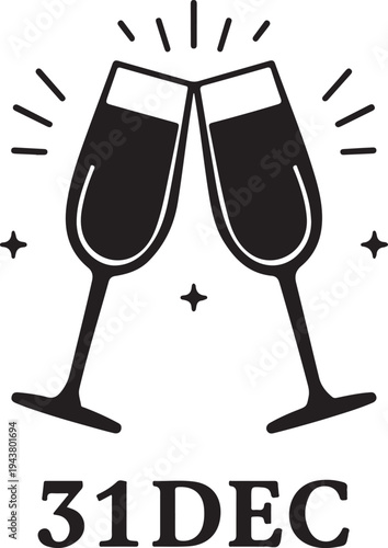 Two champagne glasses clinking together with stars and the date 31 december