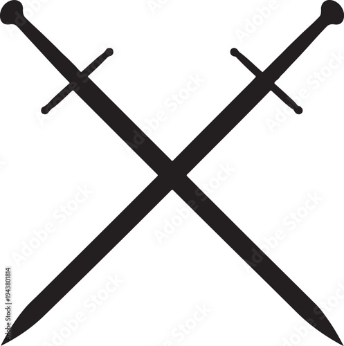 Two crossed swords with round pommels and pointed tips on a white background
