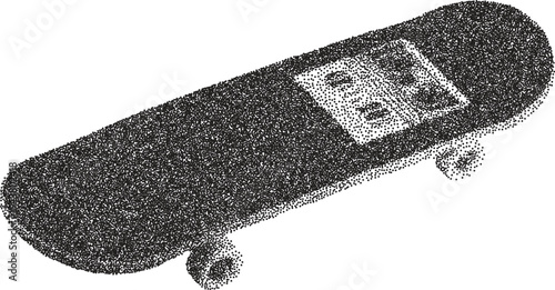 Skateboard retro y2k stipple design deck halftone brutalist urban vector png with clear background, trick 2000s photocopy grunge tattoo gen z effect