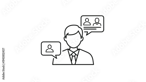 Person icon with multiple speech bubbles containing user profiles, symbolizing communication, social interaction, and consultation.