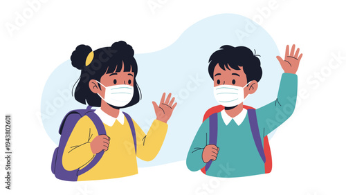 Two school children wearing protective face masks and waving hello with backpacks on their shoulders during the pandemic era for safety education.