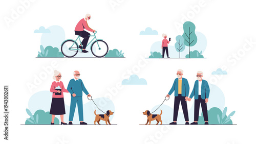 Set of elderly people staying active by cycling, walking in the park, and taking their dogs for a stroll for healthy senior living activities.