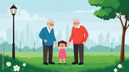 Two grandfathers holding hands with their young granddaughter while walking in a green city park with skyscrapers in the distance for family.