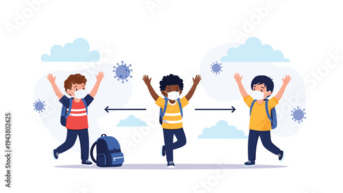 Three diverse school children wearing face masks and keeping social distance while standing outside with clouds in the background of school.