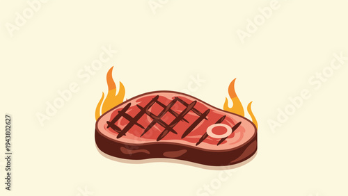 Delicious grilled beef steak piece with distinct grill marks and small flames representing hot cooking and tasty barbecue meat food concepts.
