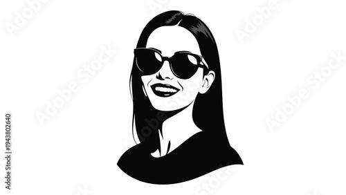 Stylish woman with long hair wearing fashionable black sunglasses smiles in this striking high contrast monochromatic portrait.
