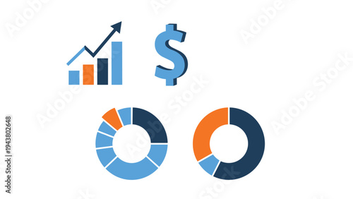 Business analytics and finance icons display progress with bar charts, a dollar symbol, and detailed colorful donut graphs.