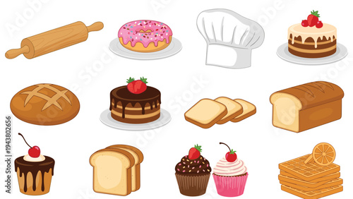 Assorted bakery items and kitchen tools collection features bread loaves, cakes, a donut, a rolling pin, and a white chef hat.