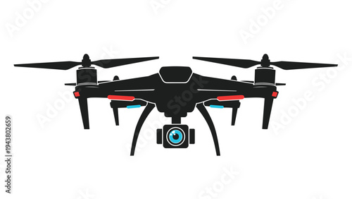 High technology drone silhouette with a prominent camera lens is shown in a sleek black design for aerial photography use.