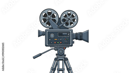 Vintage movie camera on a tripod is illustrated with intricate details to capture the essence of classic cinematic production.