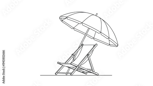 Relaxing beach scene illustration depicts a comfortable folding lounge chair placed under the shade of a large sun umbrella.