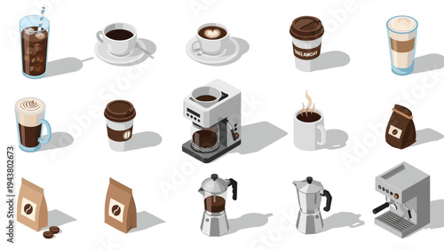 Isometric coffee culture icons set includes various cups, brewing machines, espresso shots, beans, and paper take out bags.