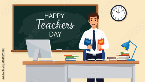 Happy Teachers Day illustration features a male educator standing in a classroom with books in front of a green chalkboard.