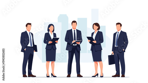 Professional business group in formal suits stands confidently against a stylized city skyline backdrop in this illustration.