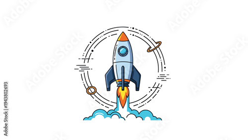 Space rocket ship launches with a powerful trail of clouds while being surrounded by celestial orbital rings and planets.