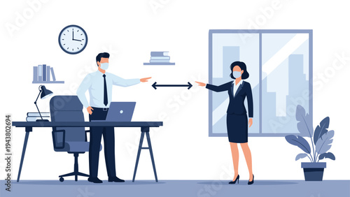 Office workers wearing protective face masks maintain social distancing at their desks to ensure workplace safety and health.