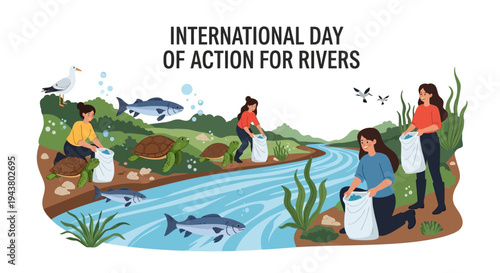 Illustration of people protecting a river and its ecosystem on International Day of Action for Rivers with a conservation concept.