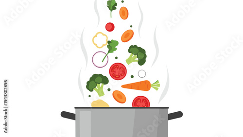 Healthy vegetable soup cooking in a stainless steel pot is illustrated with fresh ingredients floating in rising steam.