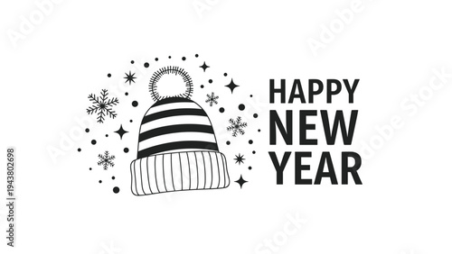 Happy New Year greeting is paired with a cozy striped winter beanie hat and decorative snowflakes on a white background.
