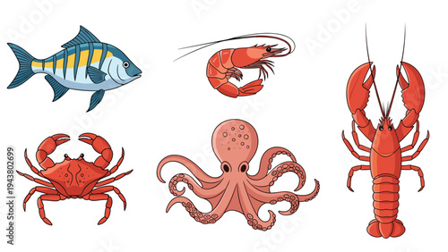 Assorted seafood collection features detailed illustrations of a fish, shrimp, lobster, crab, and a pink octopus swimming.
