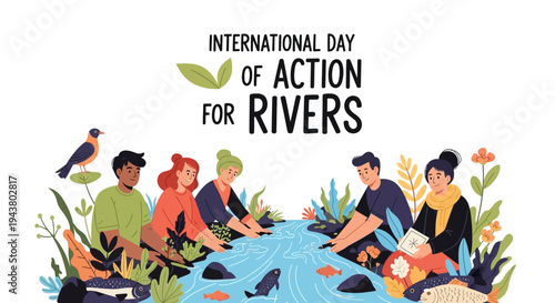 Illustration of diverse people gathered around a river with fish and plants, promoting river conservation and freshwater protection awareness on International Day of Action for Rivers.