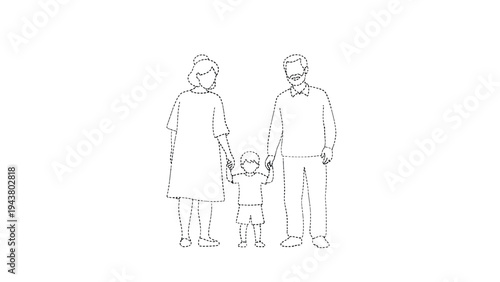 Simple dotted line drawing depicts a happy family with two parents holding hands with their small child in the center.
