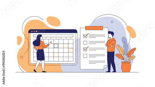 Businesswoman points at a digital calendar while a businessman checks off tasks on a clipboard in a productivity concept.