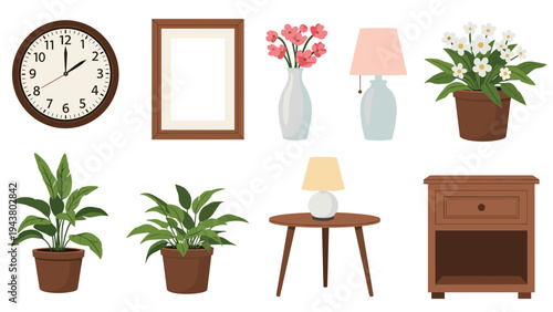 Diverse collection of home decor items including plants, lamps, a clock, frames, and furniture arranged for interior design.
