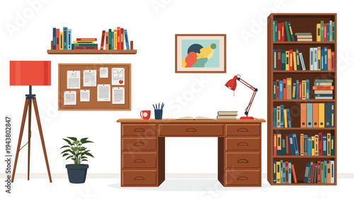 Complete home office setup featuring a large desk, tall bookshelf, floor lamp, and a bulletin board with various notes.