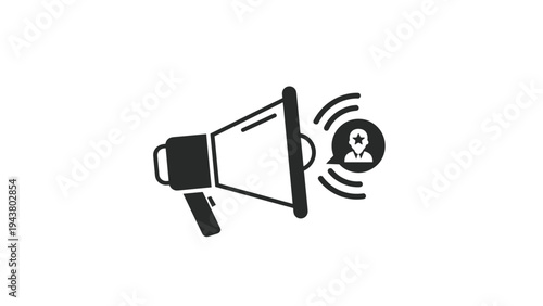 Megaphone with a speech bubble containing a star person icon, symbolizing important announcements and influential communication.
