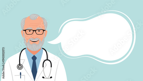 Senior male doctor with a grey beard and glasses smiles next to a large empty speech bubble for medical advice or copy.