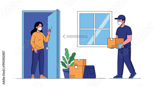Delivery man wearing a face mask and gloves carries a box to a woman waiting at her doorway during social distancing.
