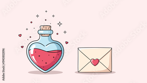 Heart-shaped glass bottle with red magic potion stands next to an envelope sealed with a small pink heart on a light background.